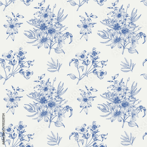 Seamless vector vintage pattern with bouquet flowers of Clematis blue on white. Hand drawn elements Monochrome. Elegant floral background for design photo
