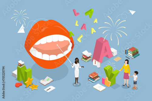 3D Isometric Flat Vector Illustration of Speech Therapy, Proper Articulation For Kids