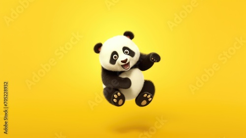 3d illustration of a panda bear jumping on a yellow background © HA