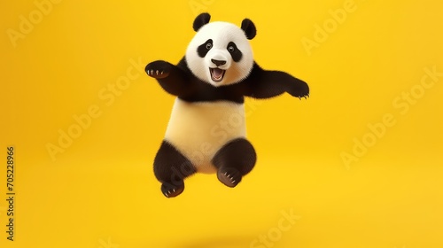 Cute panda jumping on a yellow background. © HA