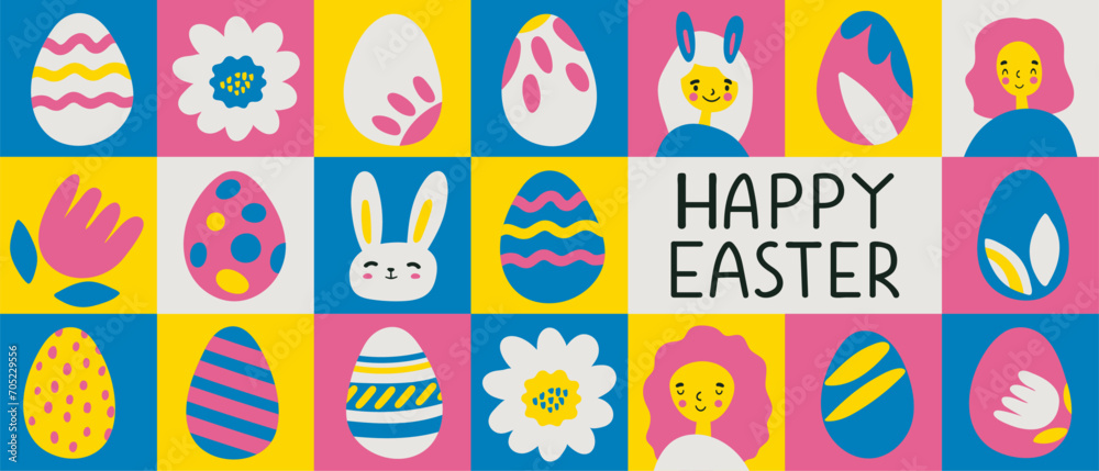 Happy Easter  eggs set. Graphic modern vector illustration. Graphics in a modern style with a person face, rabbit, flowers and eggs.