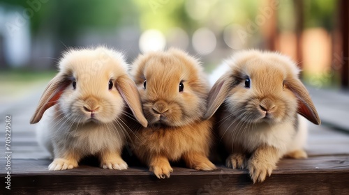Cute little rabbits on wooden table in garden. photo