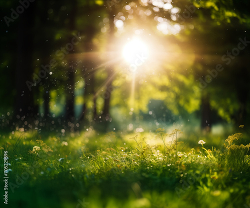 Defocused green trees in nature with wild grass and sun beams 