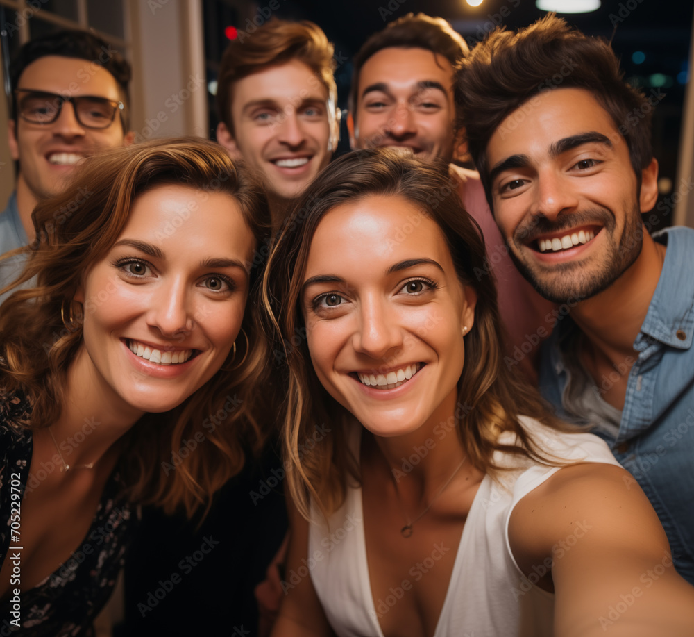 Fototapeta premium Pov selfie of a group of diverse friends during a dinner