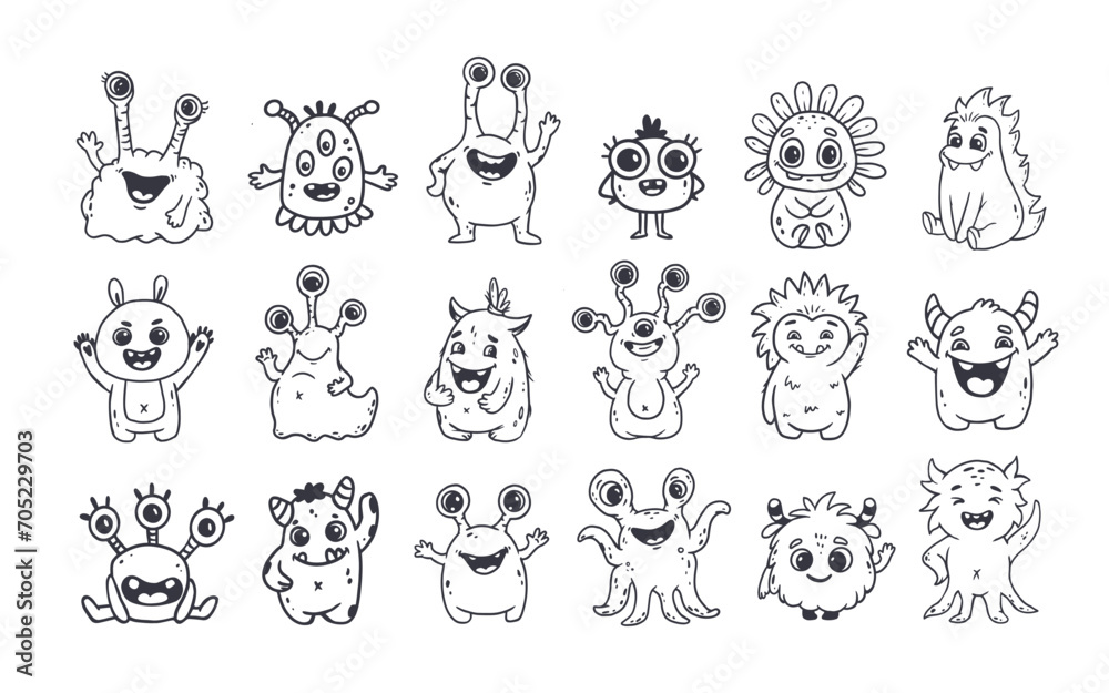 Big set of cartoon monsters. Cute monsters in doodle style. Kids funny character design for posters, cards, magazins. Line. Vector illustration