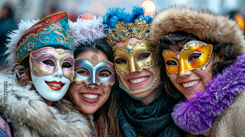 Joyful Carnival Selfie: Four Friends in Piazza San Marco, Venice