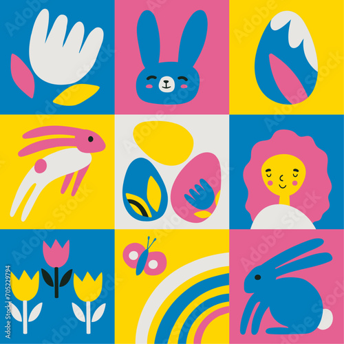 Happy Easter. Patterns. Modern geometric abstract style. A set of vector Easter illustrations. 