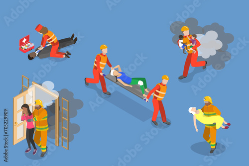 3D Isometric Flat Vector Set of Rescue Services, First Aid Sssistance for Drowning and Fire Victims