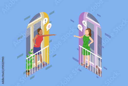 3D Isometric Flat Vector Illustration of Furious Female Neighbors, Conflict Between Residents of a Building
