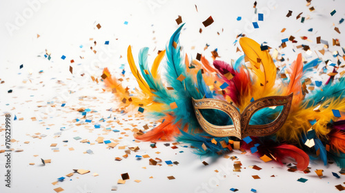 colored masquerade mask with feathers and confetti on white background