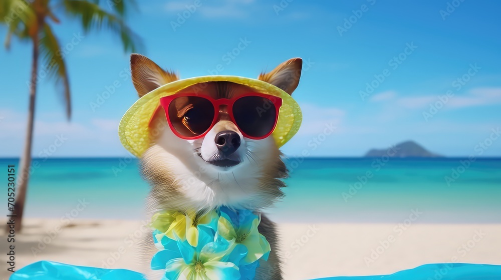 Cute welsh corgi dog in summer hat and sunglasses on the beach