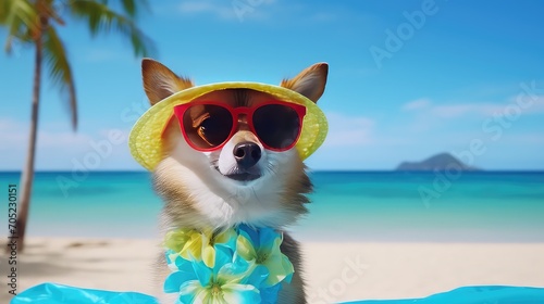 Cute welsh corgi dog in summer hat and sunglasses on the beach © HA