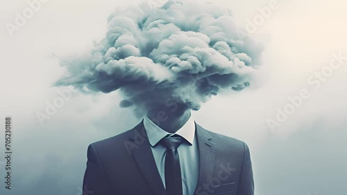 Thoughts concept Male businessman wearing suit with tie. Head full of smoke clouds using laptop no emotions mechanic mental intelligence. Thinking,brainstorming,business concept design mp4 photo
