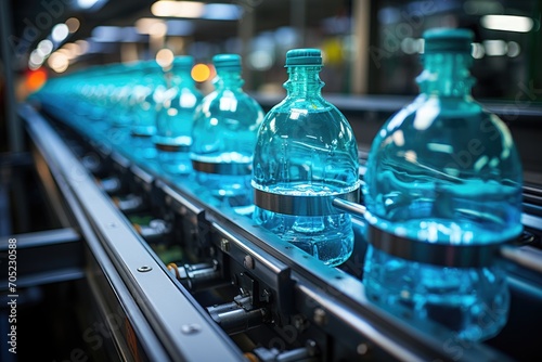 Bottles flow in mineral water bottling line., generative IA photo