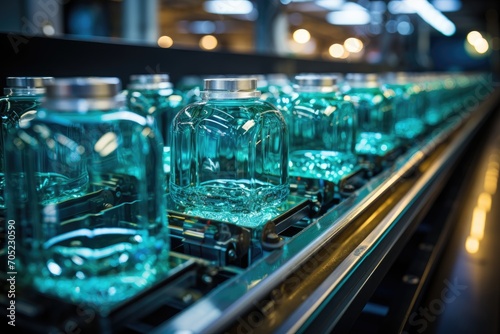 Bottles flow in mineral water bottling line., generative IA