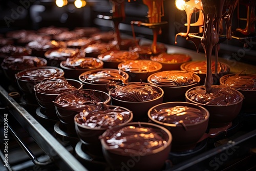 Industrial machines shaping and packing delicious chocolate., generative IA photo