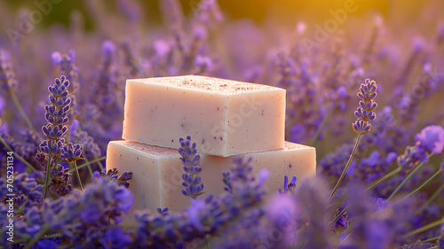 Organic lavender soap handmade in a lavender field with beautiful light	
 photo