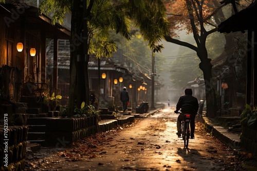 Bicycle delivery takes packages in a sunny residential neighborhood., generative IA © Dalmir