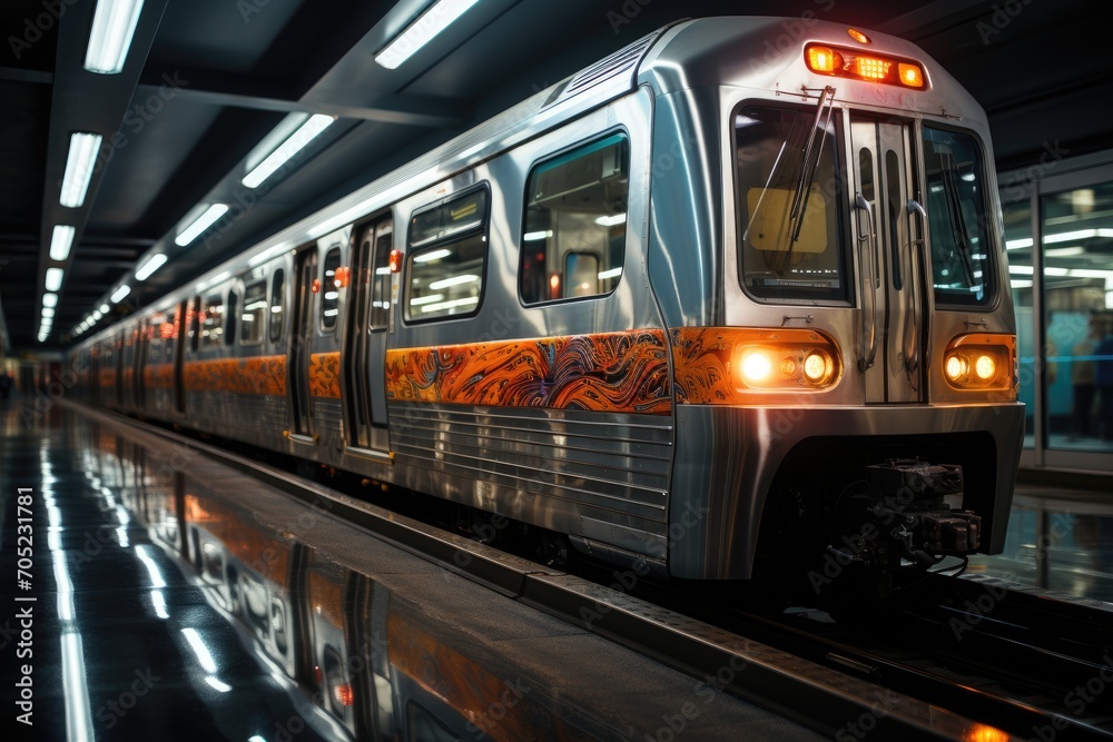 Silver train passes a busy subway station., generative IA Silver train passes a busy subway station., generative IA