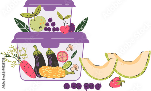 Proper food storage and packaging, preserving nutrition and ensuring food safety. Food in containers for storage to maintain nutritional value and freshness concept, illustration.
