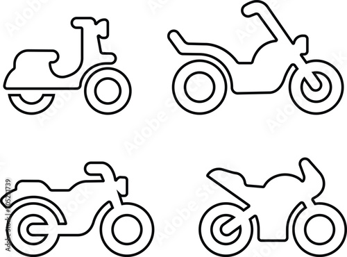 motorcycle and motorbike icon in line set isolated on transparent background Side view of all kind of motorcycle from moped  scooter  roadster  sports  cruiser  and chopper. vector for apps  web