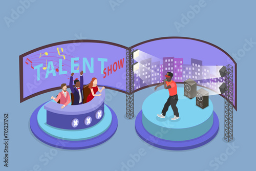 3D Isometric Flat Vector Illustration of Talent Show, Celebrities Judging Participants