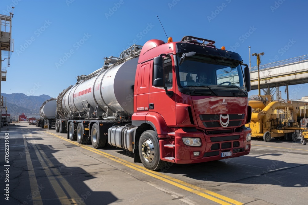 Tank truck supplies posts on a busy urban scene., generative IA Tank truck supplies posts on a busy urban scene., generative IA