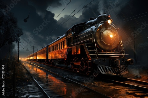 Night train illuminating tracks in the darkness., generative IA