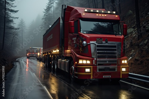 Escort truck carries hazardous load at dusk., generative IA