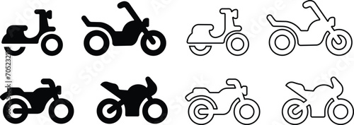 motorcycle and motorbike icon in flat, line set isolated on transparent background Side view all kind of motorcycle from moped, scooter, roadster, sports, cruiser, and chopper. vector for apps, web