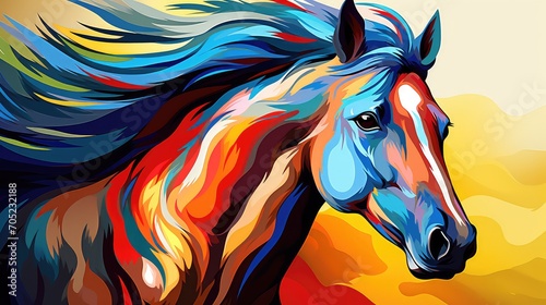 Vector illustration of a horse head on a background of colorful fire.