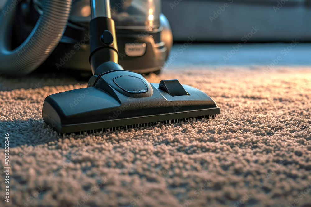 vacuum cleaner and a dustpan on a carpeted floor - obrazy, fototapety, plakaty 