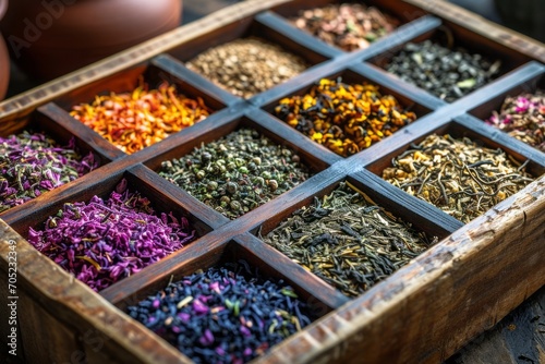 An arrangement of dry tea herbs in a wooden tray