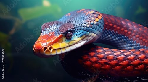3d rendering of a red and blue striped snake in the water