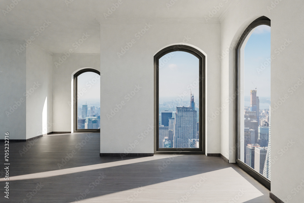 empty luxurious loft apartment with floor-to-ceiling windows and panoramic view; modern minimalistic interior design; bright daylight; 3D rendering