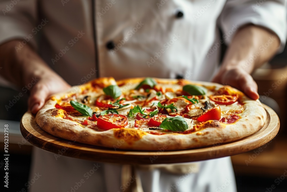Chef holding a pizza paddle with a hot pizza in his hands