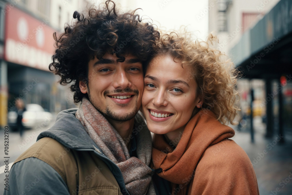 Generative AI image of a joyful Caucasian woman and man in outwear with curly hair, sharing a smile looking at camera on a city street Generative AI image of a joyful Caucasian woman and man in outwear with curly hair, sharing a smile looking at camera on a city street