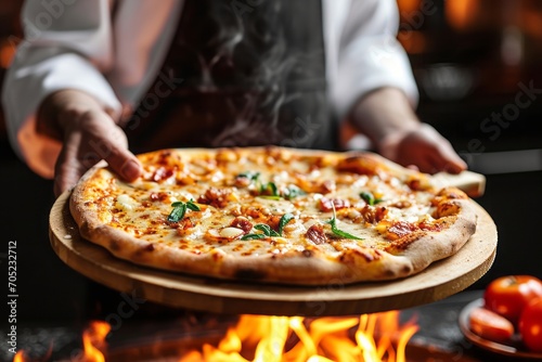 Chef holding a pizza paddle with a hot pizza in his hands