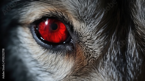 Close-up of a dog s eye with red eyes. Macro