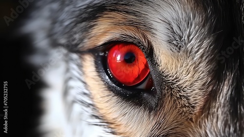 Close up of a dog's eye with red eyes and black background