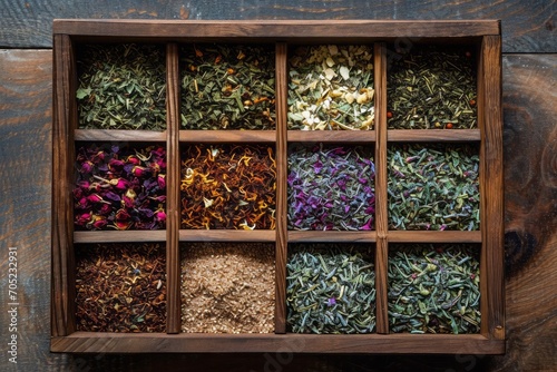An arrangement of dry tea herbs in a wooden tray