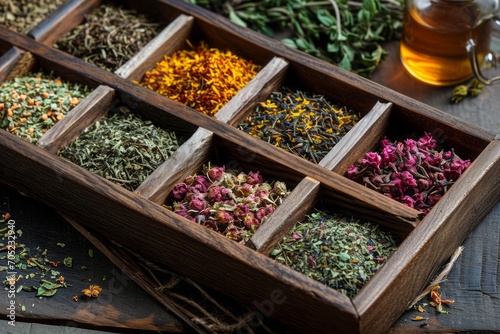 An arrangement of dry tea herbs in a wooden tray © DK_2020