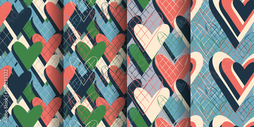 textured hearts seamless pattern set, original drawn textile banner wallpaper for wrapping paper, greeting card, invitations