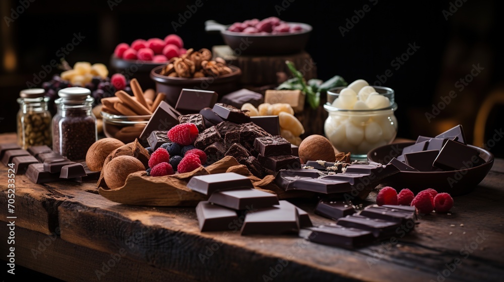 Artisanal chocolates arranged with red raspberries, blueberries, and various nuts on a wooden board, depicting a feast for the senses.
