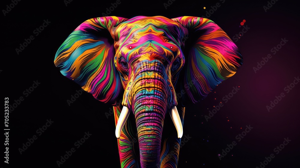 Obraz premium Elephant with colorful body art on black background.