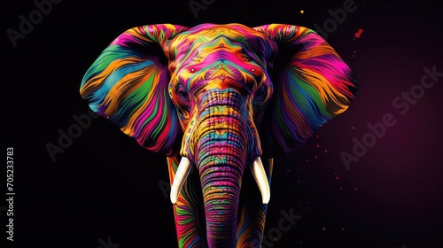 Elephant with colorful body art on black background.