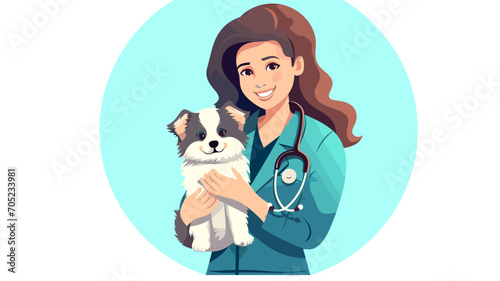 A vet clinic worker, animal doctor with stethoscope and puppy. World Veterinary Day. Isolated on white vector illustration in flat style. Veterinary trying to cure a sick dog. Medical healthcare for p