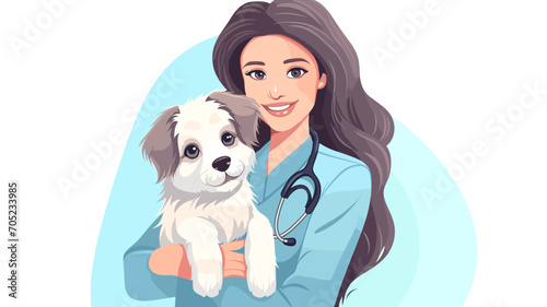 A vet clinic worker, animal doctor with stethoscope and puppy. World Veterinary Day. Isolated on white vector illustration in flat style. Veterinary trying to cure a sick dog. Medical healthcare for p