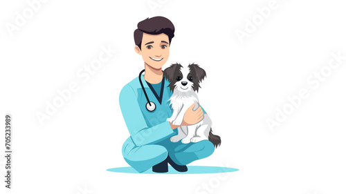 A vet clinic worker, animal doctor with stethoscope and puppy. World Veterinary Day. Isolated on white vector illustration in flat style. Veterinary trying to cure a sick dog. Medical healthcare for p