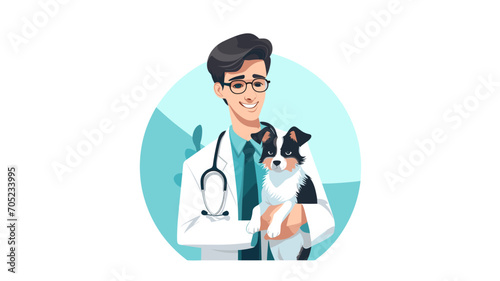 A vet clinic worker, animal doctor with stethoscope and puppy. World Veterinary Day. Isolated on white vector illustration in flat style. Veterinary trying to cure a sick dog. Medical healthcare for p